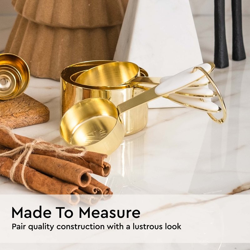White and Gold Measuring Cups and Spoons Set – 8-Piece Stackable Stainless Steel Measuring Set – Stylish Gold Kitchen Accessories for Precise Baking and Cooking, Ideal Gift for Bakers and Chefs
