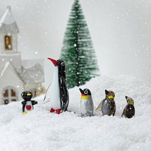 HDCRYSTALGIFTS Blown Glass Penguin Figurines Set - Handmade Miniature Ocean Animal Sculptures