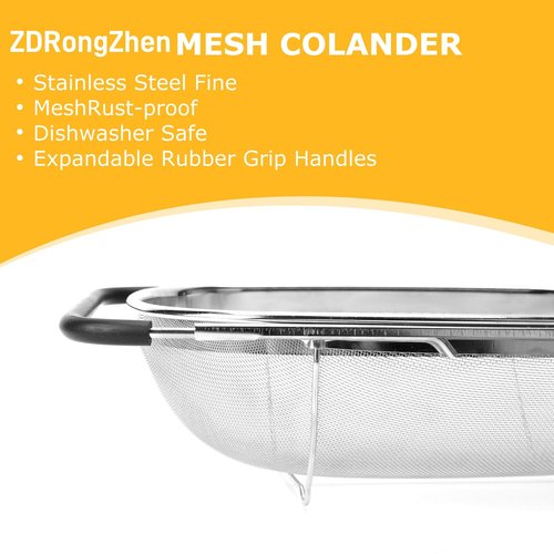 ZDRongZhen Kitchen Accessories Over the Sink Colander Strainer Basket，Stainless Steel Colander with Expandable Rubber Grip Sink Drainer-Rinse Vegetables Fruits &Strain&Drain (Large-Fine mesh)