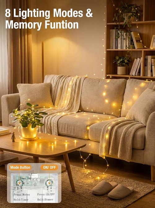 Btfarm Fairy Lights - 50 LED Battery Operated Twinkle String Lights | 16FT Waterproof with Timer & 8 Modes - Warm White