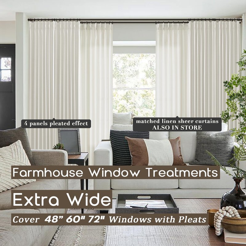 SHINELAND 108 Inch Curtains Long,Pinch Pleated Curtains Blackout Linen Black Out Extra Long Curtain for Living Room Drapes 108 Inches Long 2 Panels,Cream