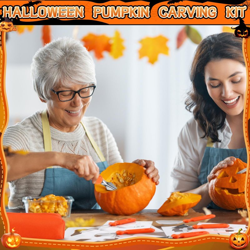 Ripeng 54 Pcs 6 Set Halloween Pumpkin Carving Kit Professional Heavy Duty Carving Tools Set Included Stainless Steel Pumpkin Tools with Storage Bag Bucket Stencils for Party Halloween Decor
