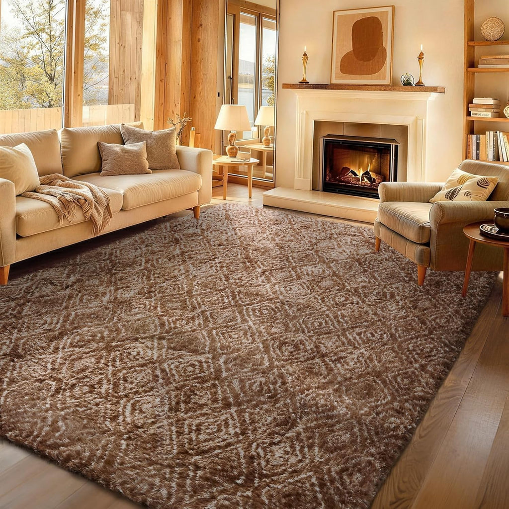 Ophanie Brown & White Diamond Striped Rug - Fluffy Shag 9x12 for Living Room & Bedroom Decor