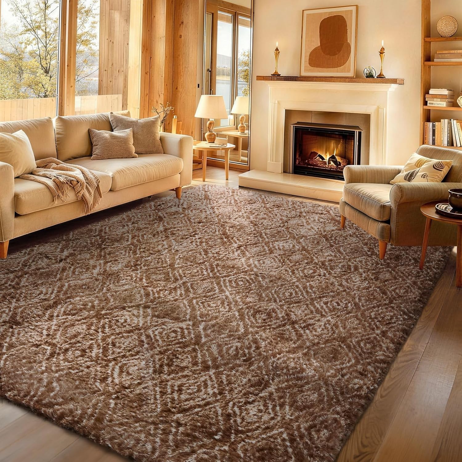 Ophanie Brown & White Diamond Striped Rug - Fluffy Shag 9x12 for Living Room & Bedroom Decor