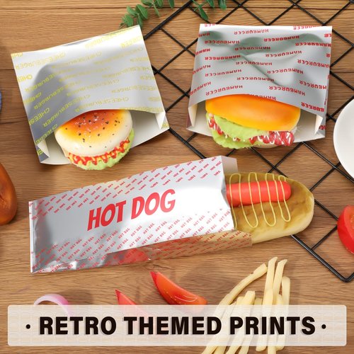Honoson 300 Pcs Proof Food Wrappers Hamburger, Cheeseburger and Hot Dog Bags Disposable Foil Paper Hot Dog Sleeves for Fast Food and Truck BBQ Foil Paper Supply for Themed Party Event