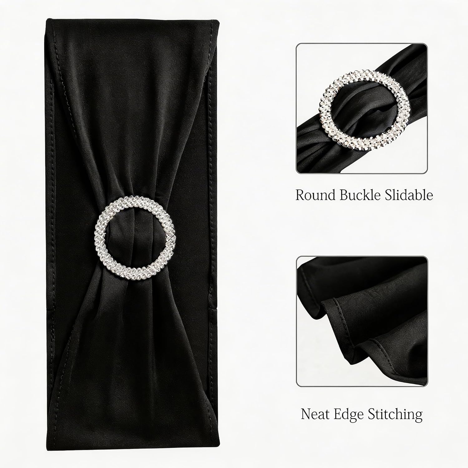 Skiennix 50-Pack Black Spandex Chair Sashes - Elegant Buckle Design for Weddings & Events