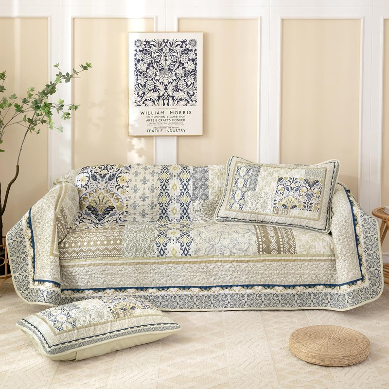 WONGS BEDDING Boho Quilt Set King, 3 Pieces Beige Patchwork Bedspread Coverlet Set,Soft Lightweight Microfiber Bohemian Floral Pattern Bedding Set with 2 Pillowcases for All Season (104"x 90")