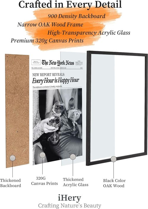 iHery Premium Black Oak Wood Wall Art - Trendy "Every Hour is Happy Hour" Canvas Poster | 8x10in Framed Decor