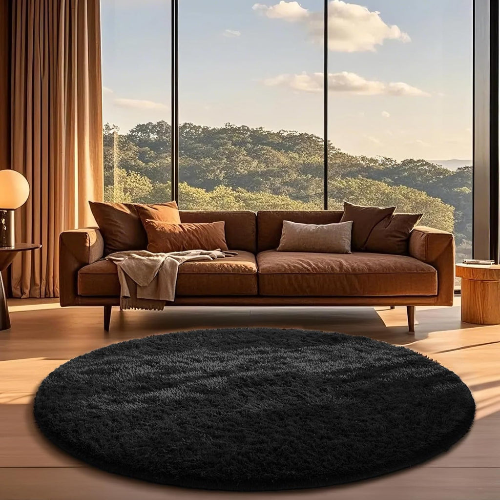 Ophanie Round Rug - 6Ft Black Circle Area Rug | Fluffy Soft Shaggy Carpet for Bedroom & Nursery Decor