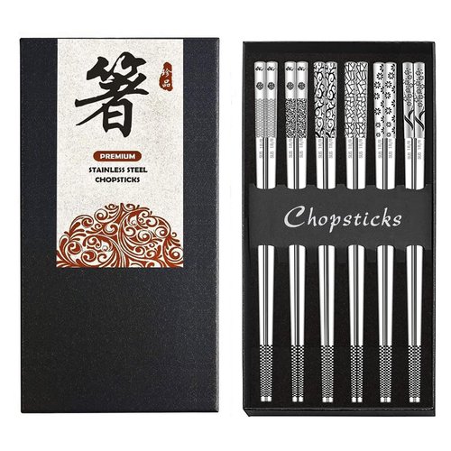 Metal Chopsticks 6 Pairs Stainless Steel Reusable Chopsticks Cute Laser Engraved Non-slip Korean Japanese ,18/8 Stainless steel Dishwasher Safe for Cooking Eating 9 1/4 Inches 6 Pairs