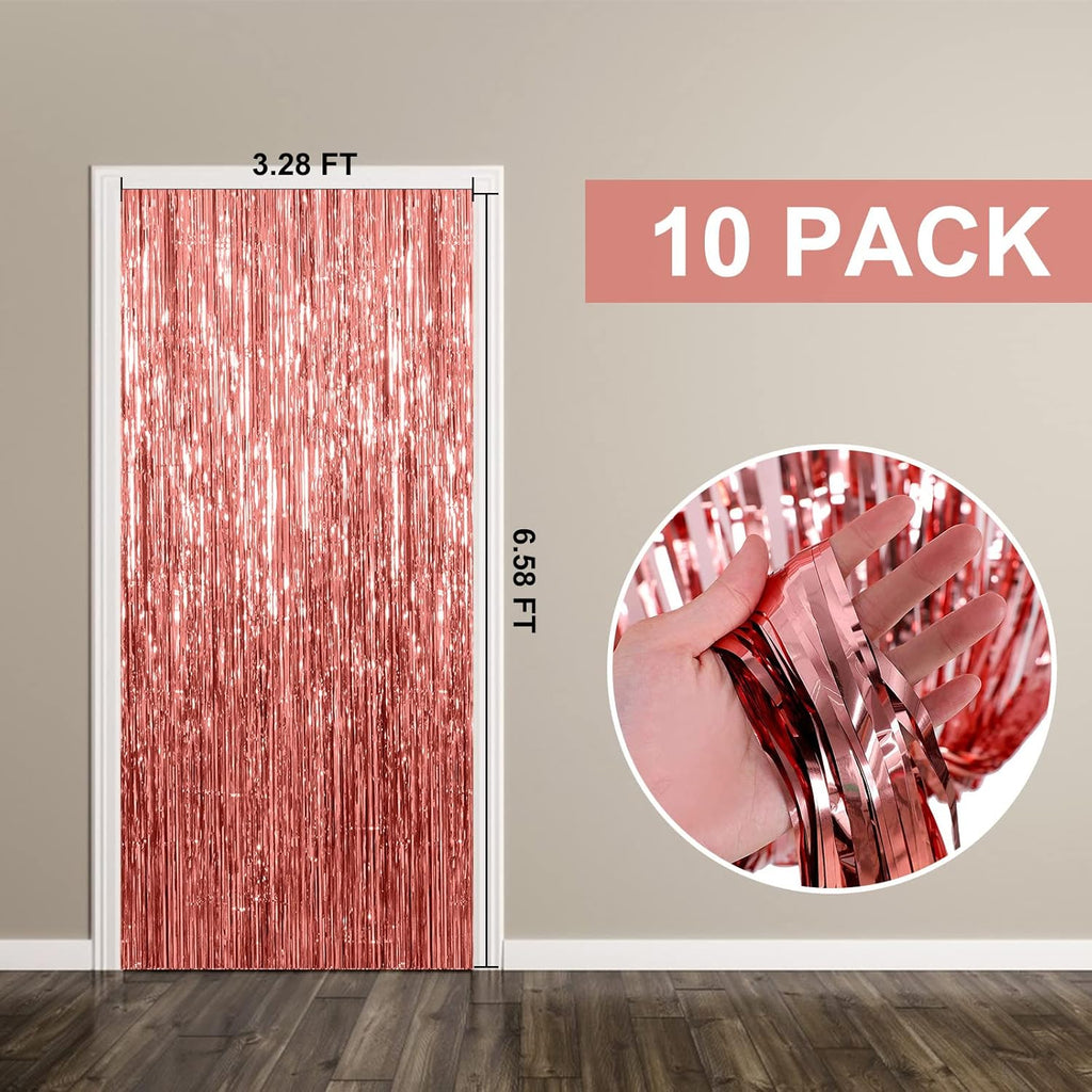 Rose Gold Foil Curtain Backdrop by [Brand Name] - 10 Pack Metallic Tinsel Fringe for Parties & Events