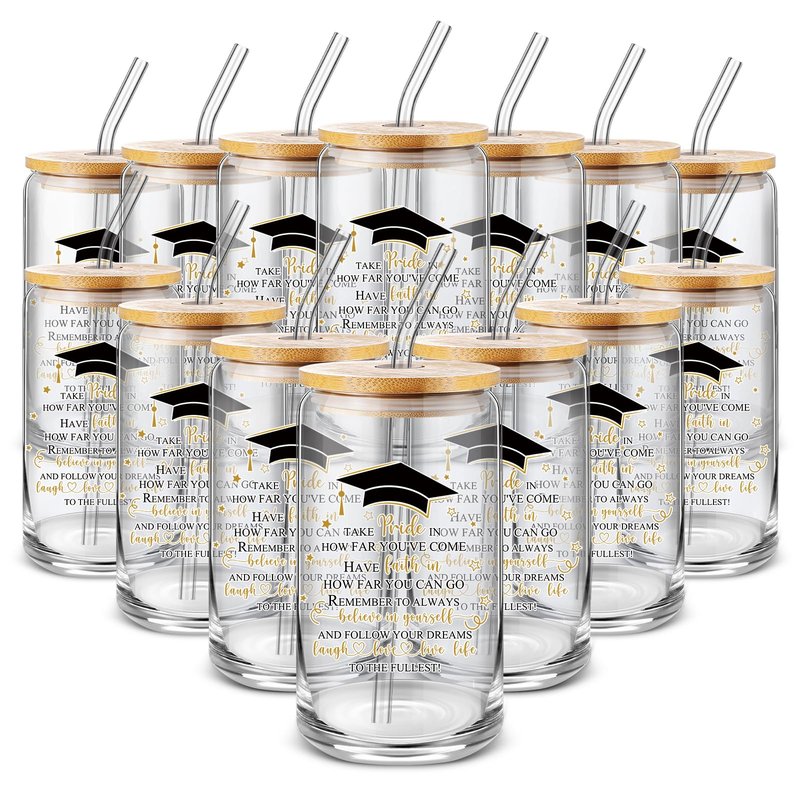 FoldTier 24 Pcs Graduation Gifts Glass Cup Class of 2026 Bulk 16 oz Drinking Cup with Lid and Straw College Her Him Graduate Gift Coffee Cup for Teen High School Grad Party Favor (Gold)