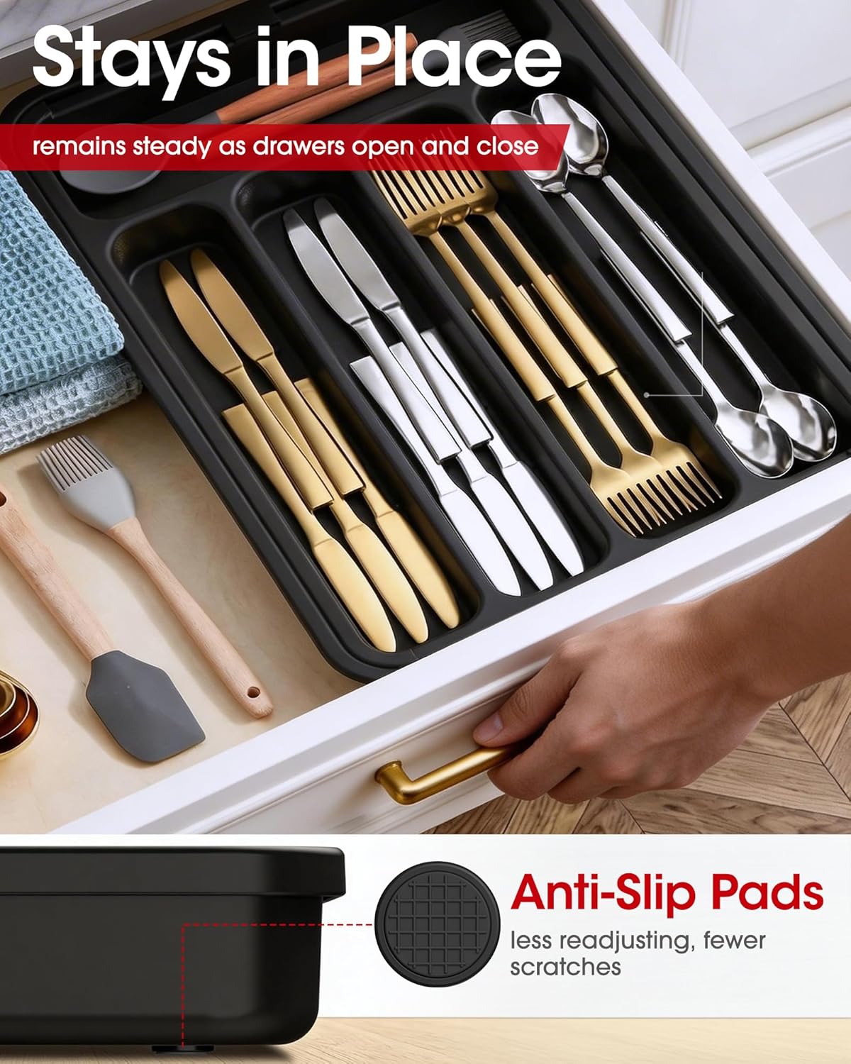 Aujen Silverware Organizer - Expandable Cutlery Tray for Forks & Knives | Adjustable Kitchen Storage, Black Medium