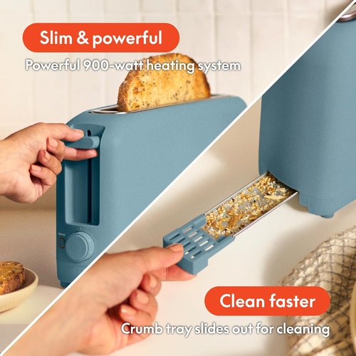 Bella 2 Slice Slim Toaster - 6 Shade Settings, Reheat & Cancel Buttons | 10” Long Slot, Anti-Jam, Auto Shutoff, 900 Watt, Surf