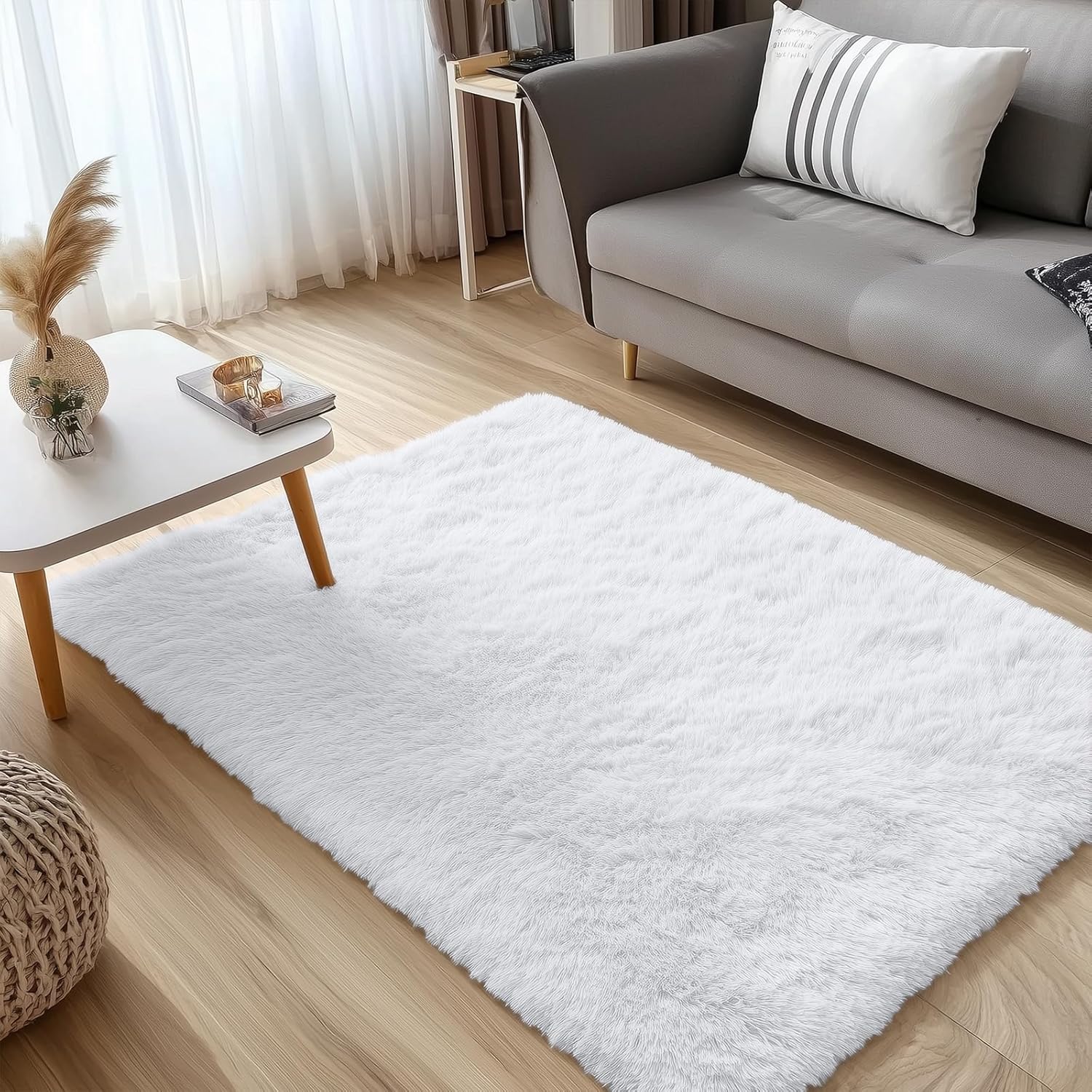 OLANLY Soft Fluffy Shaggy Bedside Rug - 3x5 Machine Washable Indoor Carpet for Kids & Nursery | White