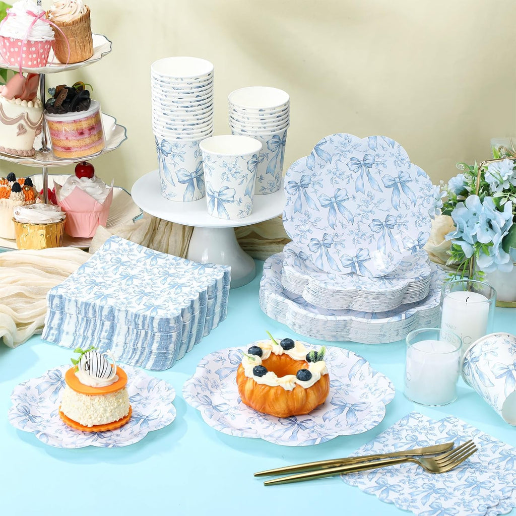 Newtay Disposable Tableware Set - 250 Pcs Blue Floral Plates & Napkins for 50 Guests | Perfect for Weddings & Showers