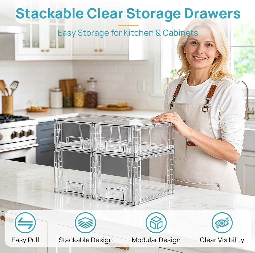 Vtopmart Clear Stackable Storage Drawers - Easy Assembly Organizers for Kitchen & Bathroom | 4 Pack