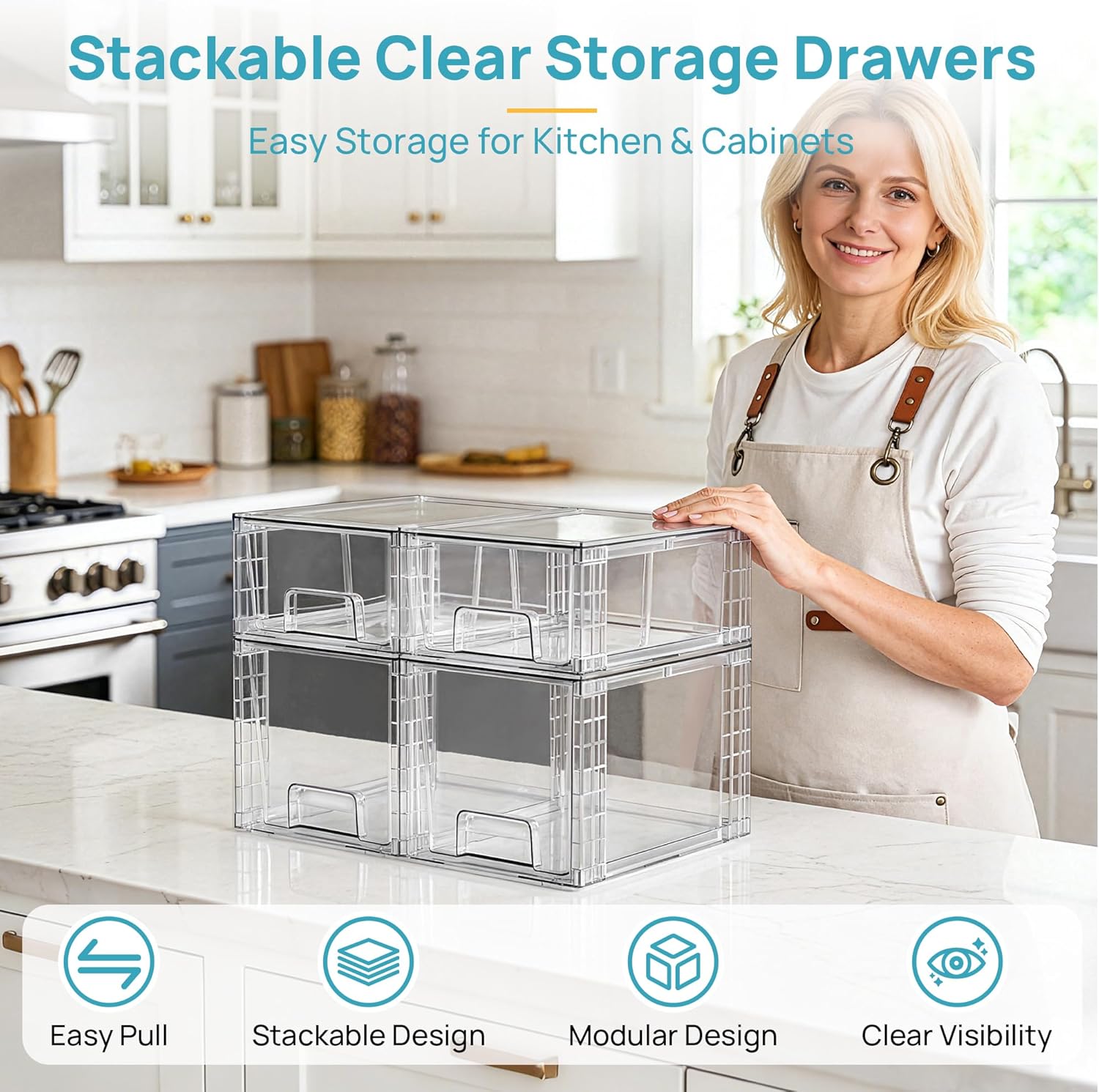 Vtopmart Clear Stackable Storage Drawers - Easy Assembly Organizers for Kitchen & Bathroom | 4 Pack