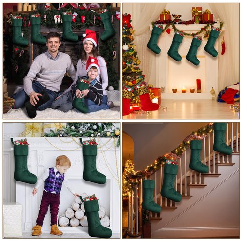 Hoosige 12 Pcs Velvet Christmas Stocking 18 Inch Bulk Rustic Soft Hanging Stockings Christmas Decoration for Xmas Holiday Family Party Tree Fireplace Classic Ornaments(Dark Green)