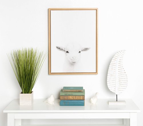 Kate and Laurel Sylvie Baby Goat Black and White Portrait Framed Canvas Wall Art by Simon Te Tai, 18x24 Natural