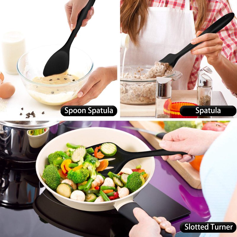 P&P CHEF Silicone Cooking Utensils Set of 7, Heat-proof Kitchen Utensils Set for Nonstick Cookware, Non-stick Spatula, Slotted Turner, Soup Ladle, Pasta Server, Spoon for Cooking Serving - Black