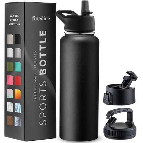 FineDine Triple Walled, Insulated Water Bottles with Straw - 40 Oz Stainless Steel Metal Bottle W/ 3 Leak Proof Lids - For Travel, School, Sports, Gym/Men, Women & Kids - Inky Raven Black