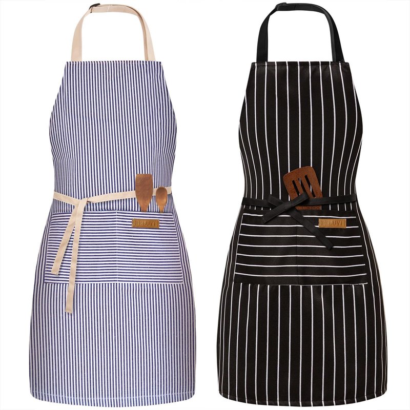 BeLuyi 2 Pack Adjustable Bib Apron with 2 Pockets Chef Cooking Kitchen Restaurant Aprons for Women Men (Blue/Black Stripes)