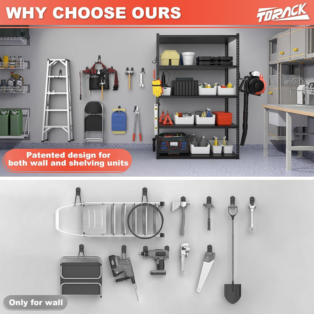 TORACK Garage Storage System Hooks - 15 PCS Wall Mount Utility Hooks for Tools, Ladders & More | Black