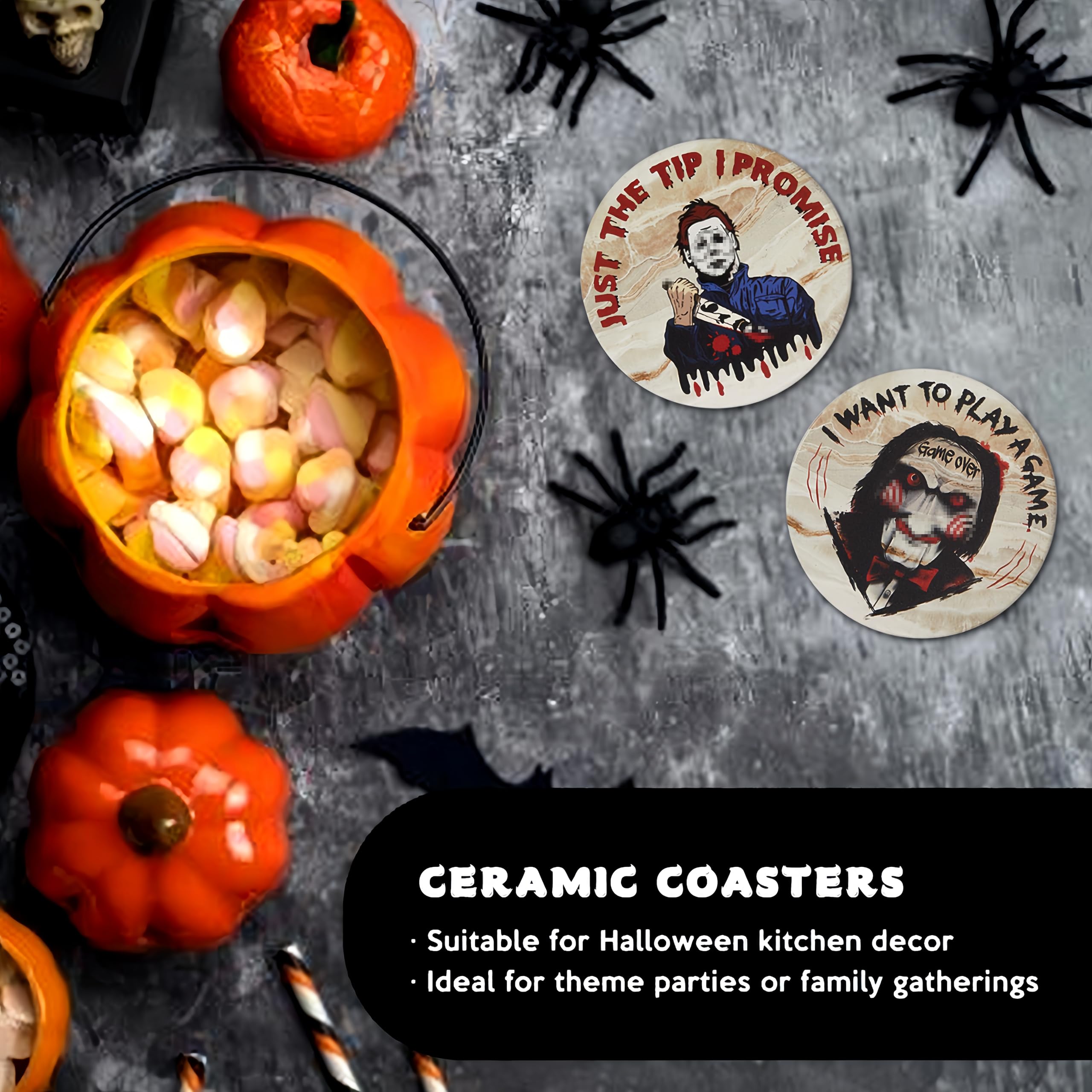 Scary Halloween Decor for Kitchen and Home,Spooky Character Stone Cork Coasters for Coffee Table Drinks,6 Pcs Scary Killer Coaster Set with Holder,Scream Themed Gift and Party Decor