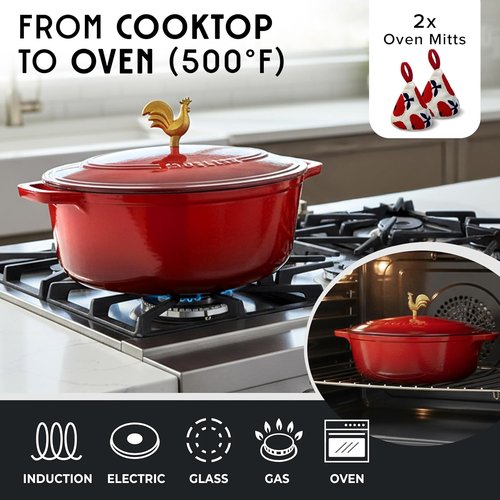 MUELLER HOME Enameled Cast Iron Dutch Oven - 5.5 Quart with Rooster Knob & Cotton Potholders, Red