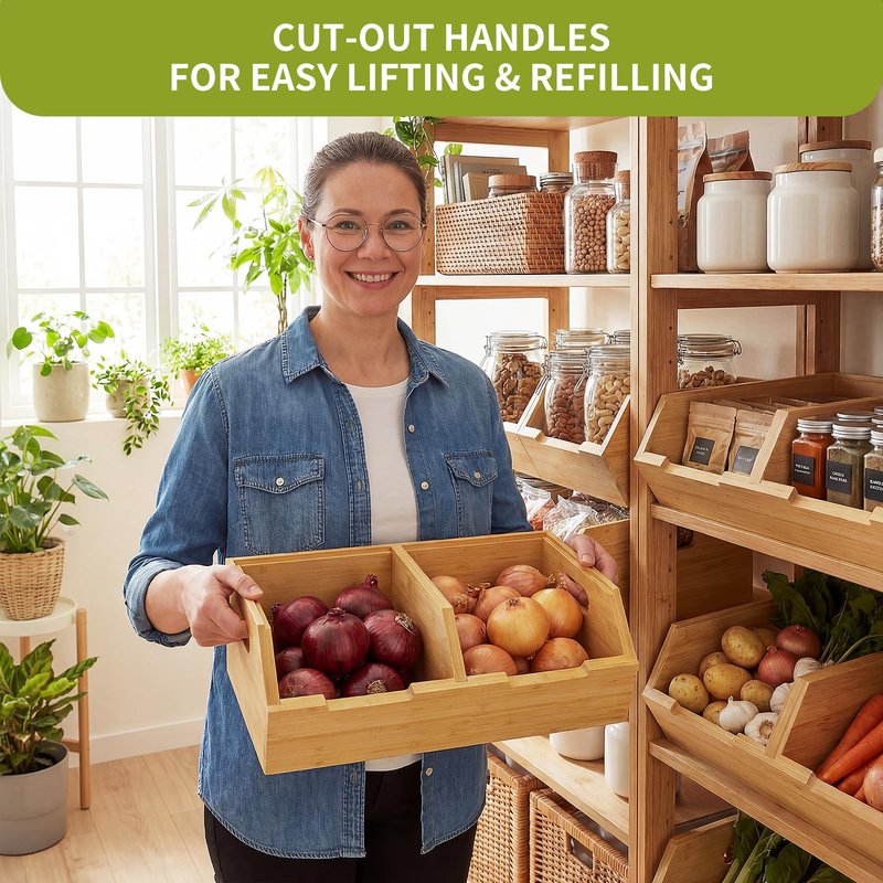 Bambition Bamboo Pantry Storage Bins for Vegetables, Potato and Onion Storage Bin for Pantry, Produce Bins for Kitchen Counter
