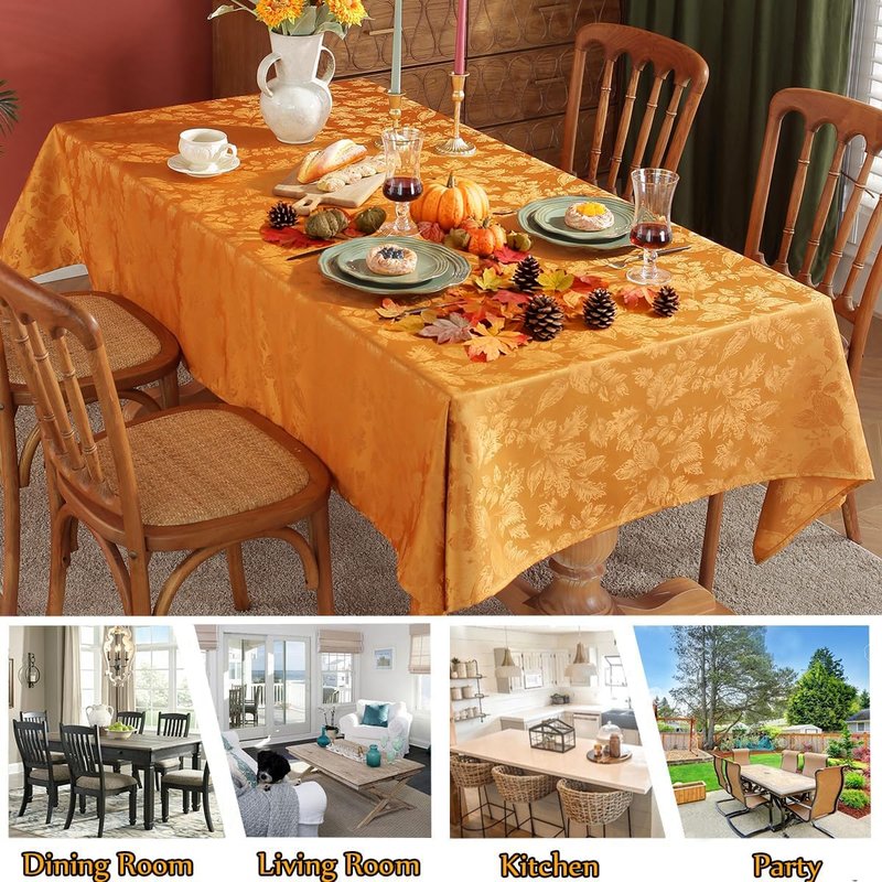 SASTYBALE Maple Leaves Jacquard Thanksgiving Tablecloth Rectangle Oil/Water Proof Fabric Damask Table Cloth for Fall, Autumn, Harvest, Rectangular/Oblong 52 x 70 Inch Amber