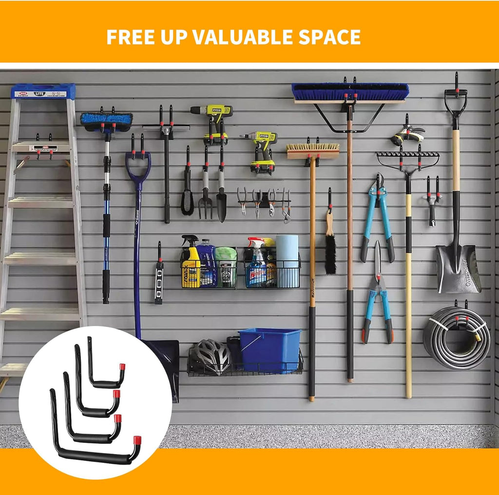 **Garage Hooks - Heavy Duty Utility Steel with EVA Foam Padding | 6 Pack Wall Mount Organizer for Bikes, Kayaks & Tools**