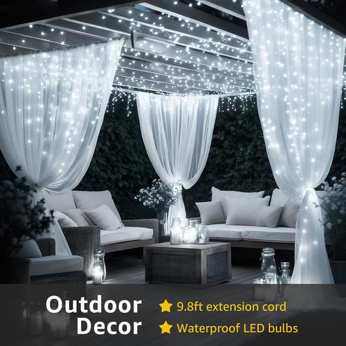FUYO 300 LED Window Curtain String Lights - Waterproof Fairy Lights with 8 Modes for Bedroom & Party Decor | White