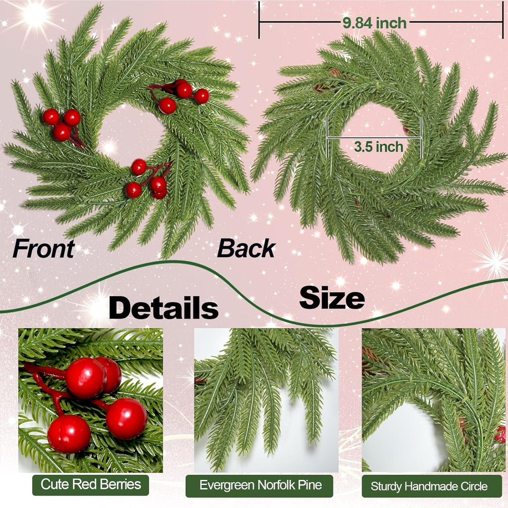 Skiennix Christmas Candle Rings - Artificial Norfolk Pine & Red Berry Wreaths | 3-Piece Set for Home Decor