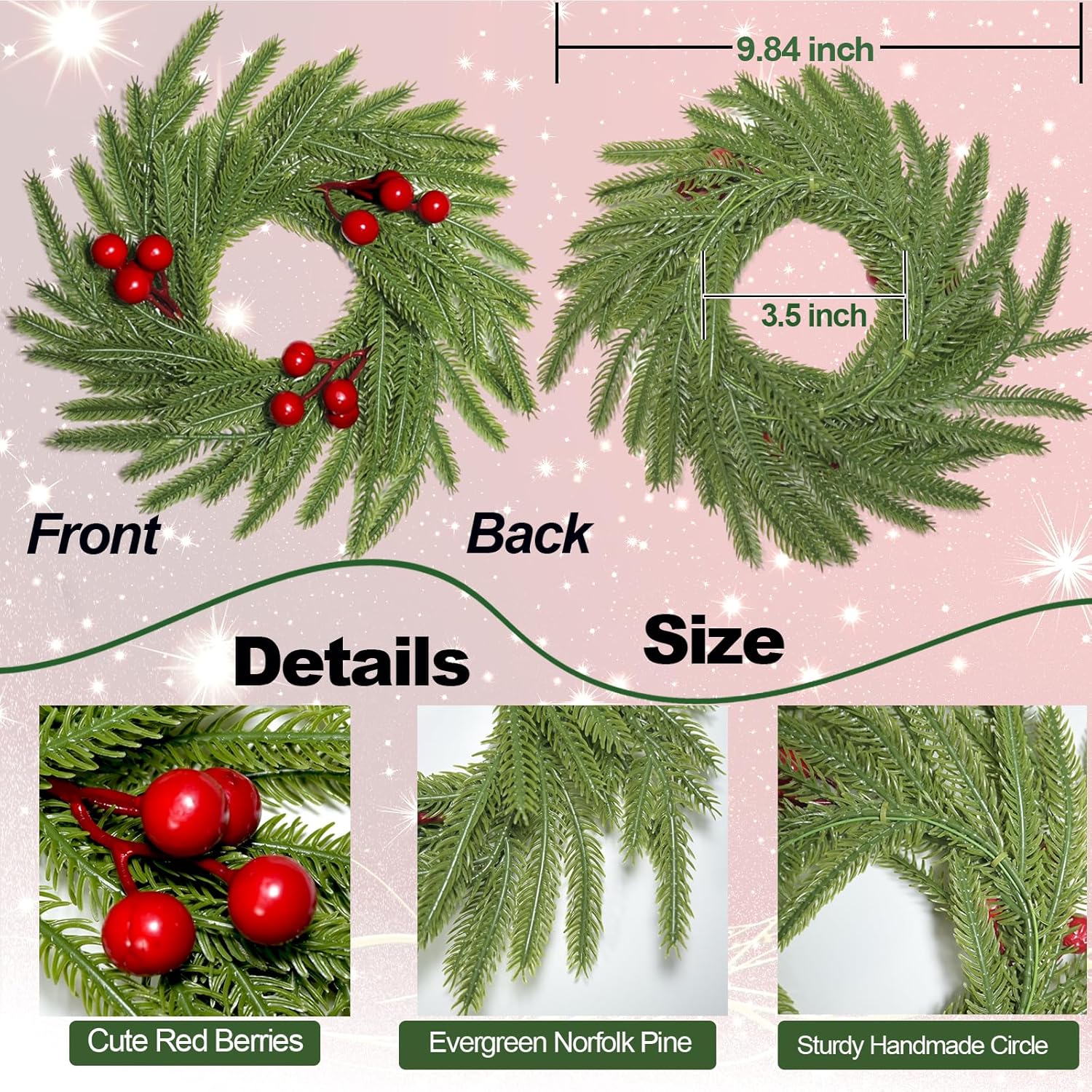 Skiennix Christmas Candle Rings - Artificial Norfolk Pine & Red Berry Wreaths | 3-Piece Set for Home Decor