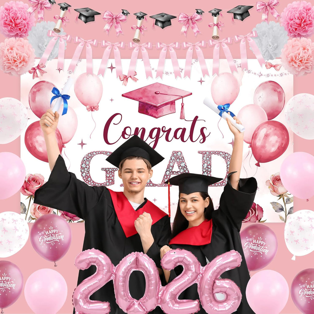 Pink Bow Graduation Decorations - 2026 Grad Banner & Garland | 22PCS Party Supplies