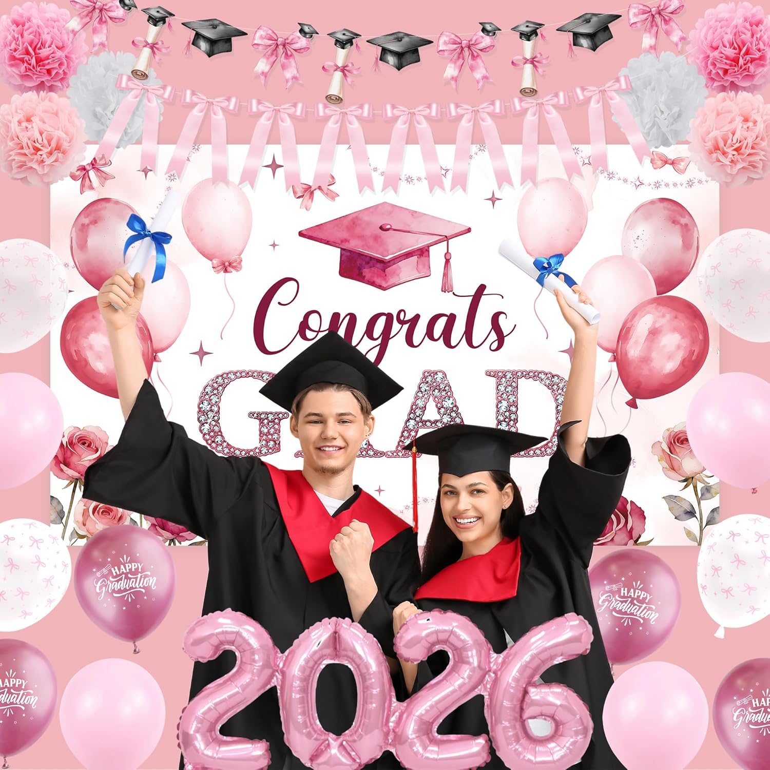 Pink Bow Graduation Decorations - 2026 Grad Banner & Garland | 22PCS Party Supplies
