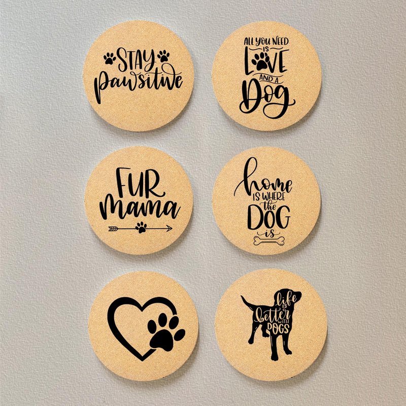 Cegkuc Coasters for Drinks with Set of 6, Cute Dog Coaster for New Home Couples House Warming Gifts Absorbent Paw Cork Wood Bulk for Cup Desk Coffee Table Office Kitchen Decor, Round 4"