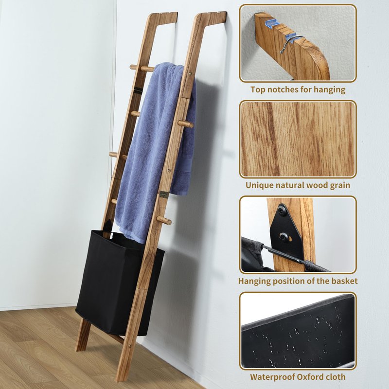67-Inch Farmhouse Blanket Ladder with Basket, Rustic Wooden Display Ladder for Throws, Blankets, Quilts & Towels, Sturdy Wall Leaning Decorative Storage Rack for Bedroom, Living Room and Bathroom
