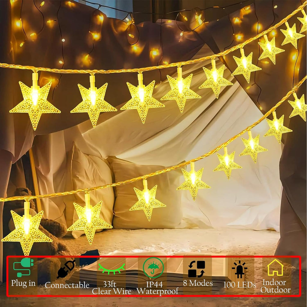 Plun Fairy Star String Lights - 100 LED Waterproof Twinkle Lights with 8 Modes | Warm White for Indoor Decor