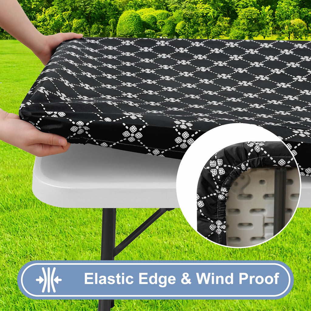misaya 2 Pack Rectangle Vinyl Table Cloth, Elastic Fitted Tablecloth with Flannel Backing, Waterproof Plastic Table Cover Fits 8 Foot Folding Tables for Camping, Indoor and Outdoor (Black, 30" x 96")