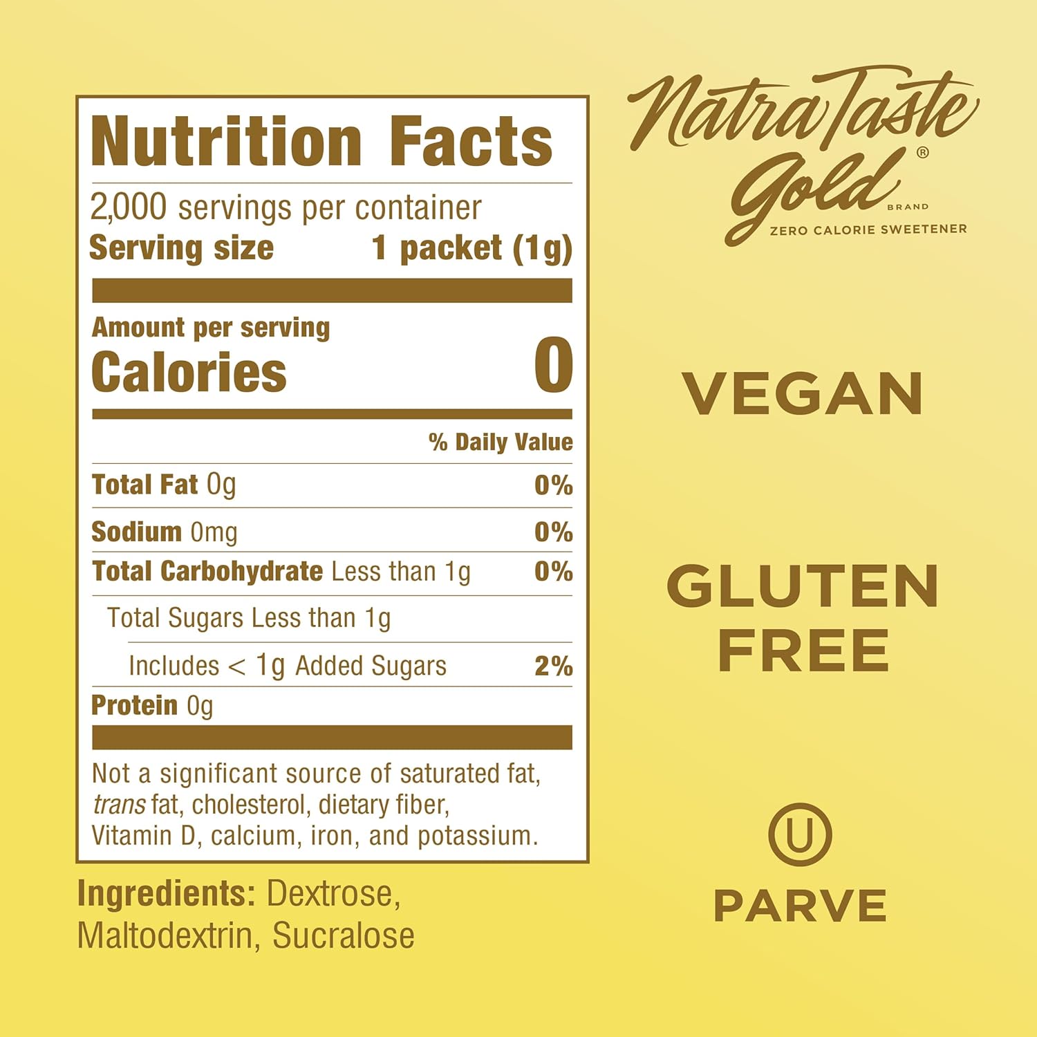 NatraTaste Gold Sucralose Sweetener Packets - 2000 Count | Gluten-Free, Vegan Sugar Substitute for Drinks & Baking