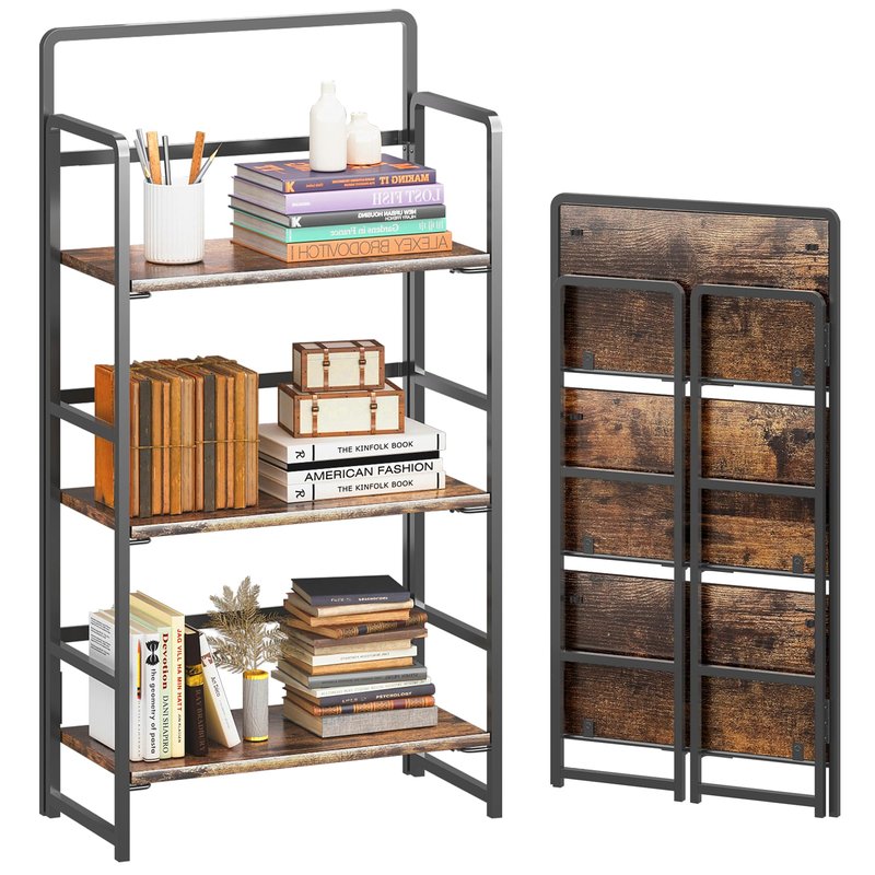 4NM 2 Tiers No-Assembly Folding Bookshelf with Wheels, Portable Rolling Storage Foldable Bookcase & Compact Side Table for Living Room, Bedroom, Kitchen, Bathroom (All White)