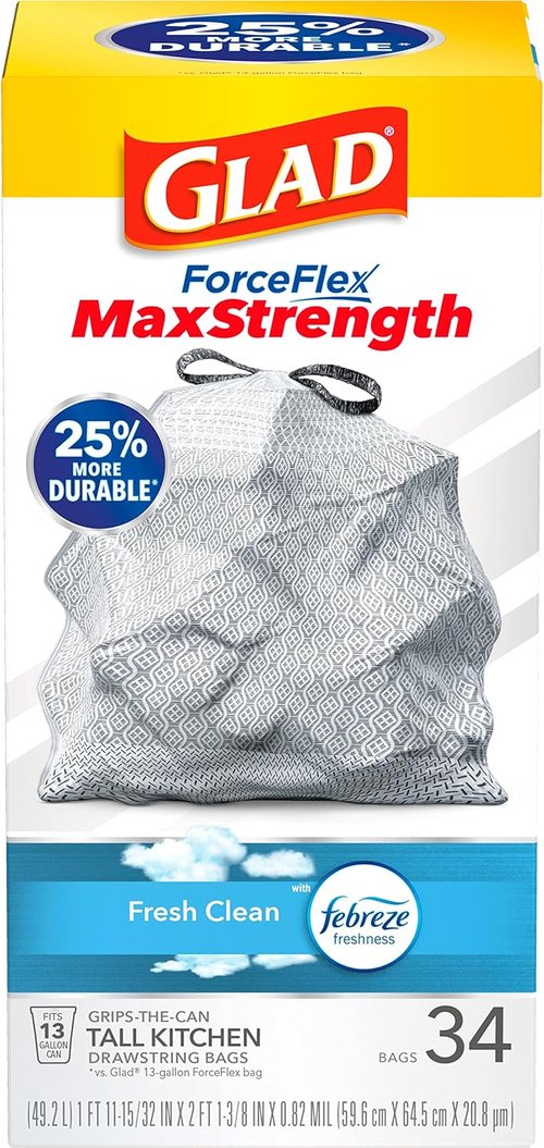 Glad ForceFlex MaxStrength Kitchen Trash Bags - 13 Gallon, Fresh Clean Scent with Febreze | 34 Count