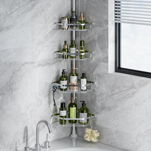 LAMU Shower Caddy - Stainless Steel Corner Tension Pole Organizer with Adjustable 4-Tier Baskets | Fits Heights 37.8-124 in