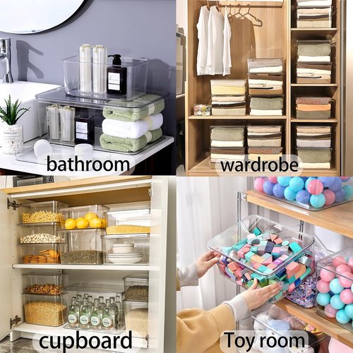 Lidded Plastic Storage Bins Set - Clear Desk Organizer Baskets for Kitchen & Closet | 3XL + 2M Sizes