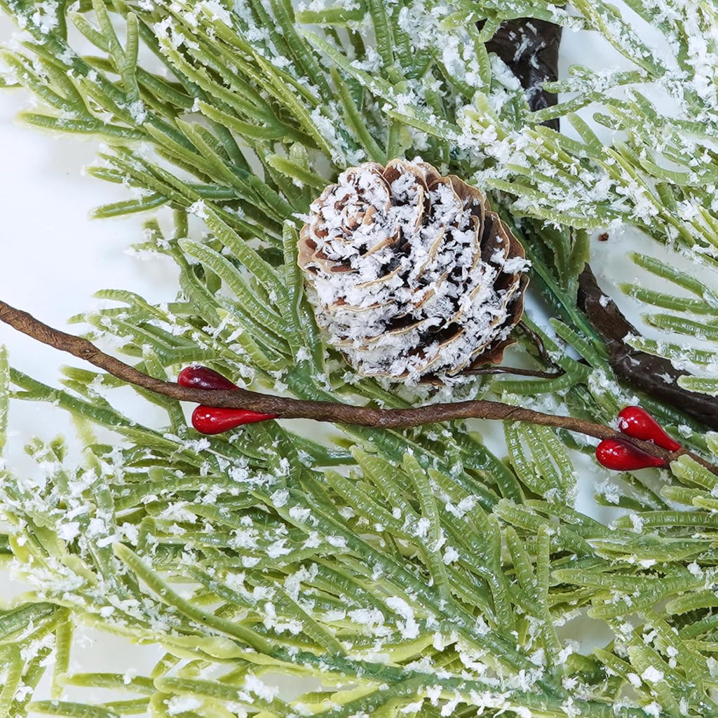 Winlyn Artificial Snowy Cedar Pine Candle Rings - 4 Pcs Winter Wreaths with Pine Cones & Red Berries | 15.7" Wide for Holiday Décor