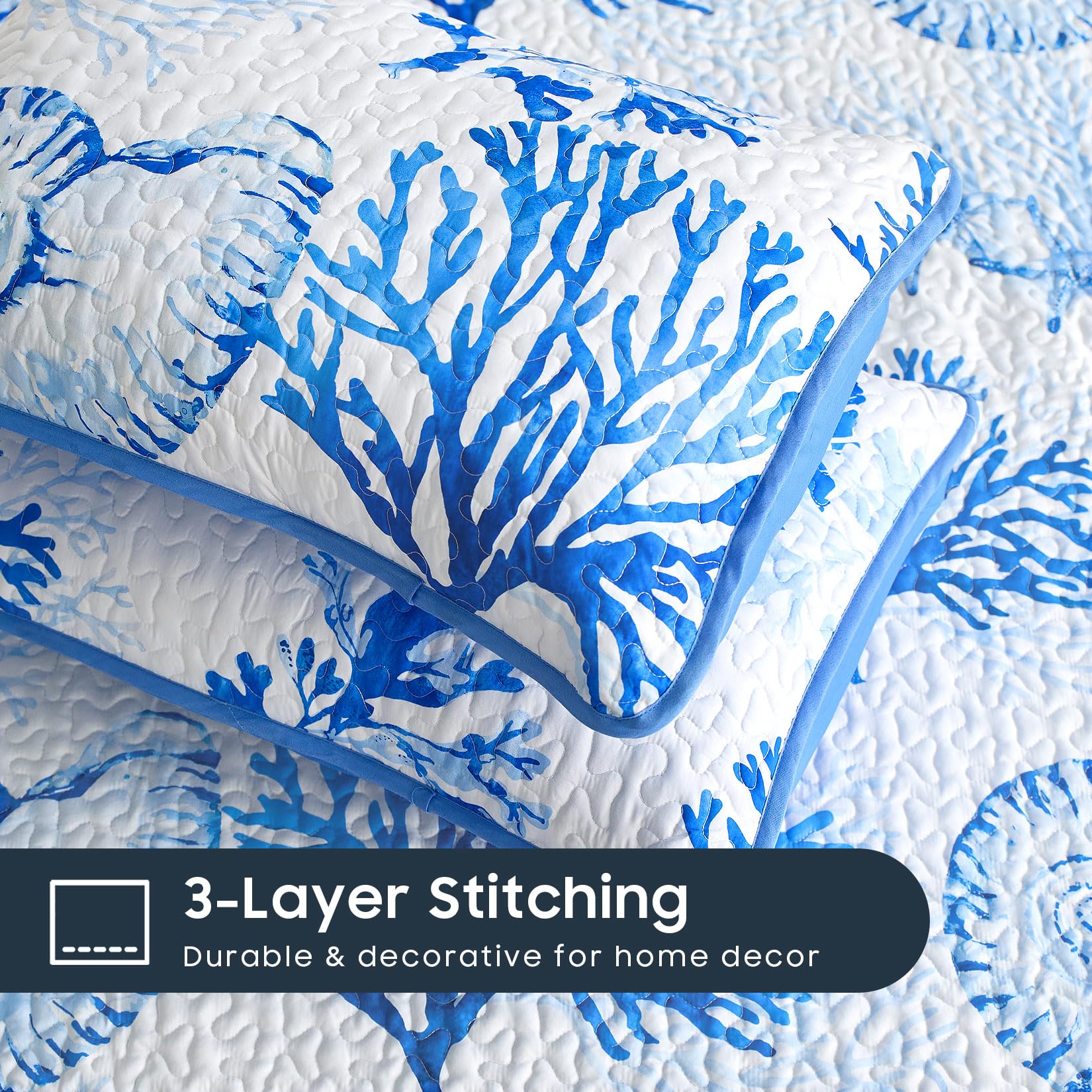Wake In Cloud - Coastal Quilt Set, Nautical Ocean Beach Themed Tropical Summer Patterned, Reversible Lightweight Bedspread Coverlet, 3 Pieces, Blue White, King Size
