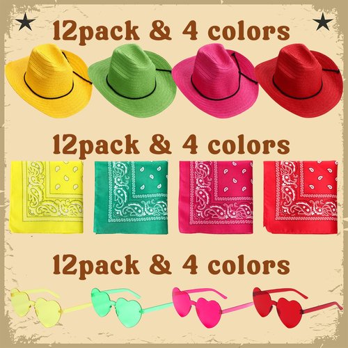 Chicingyou 12 Pieces Straw Cowboy Hats with Bandanas and Glasses, Costume Hat Accessories for Birthday Western Theme Party Supplies